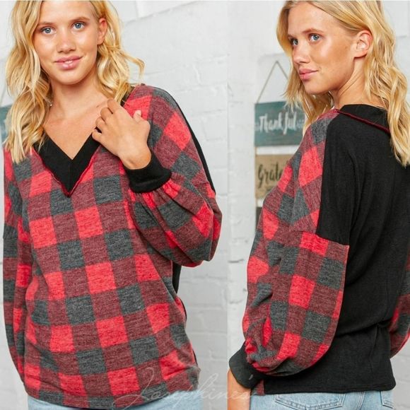 Soft V-Neck Red And Black Plaid Top - Picture 2 of 7